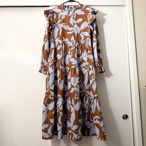Brown and Blue Leaf Pattern Tiered Dress